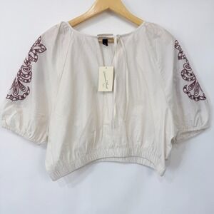 Universal Thread‎ Eyelet Crop Top Womens L Cream Boho Peasant Balloon Sleeve
